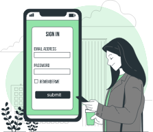 スマホで口座振込をする女性のイラスト